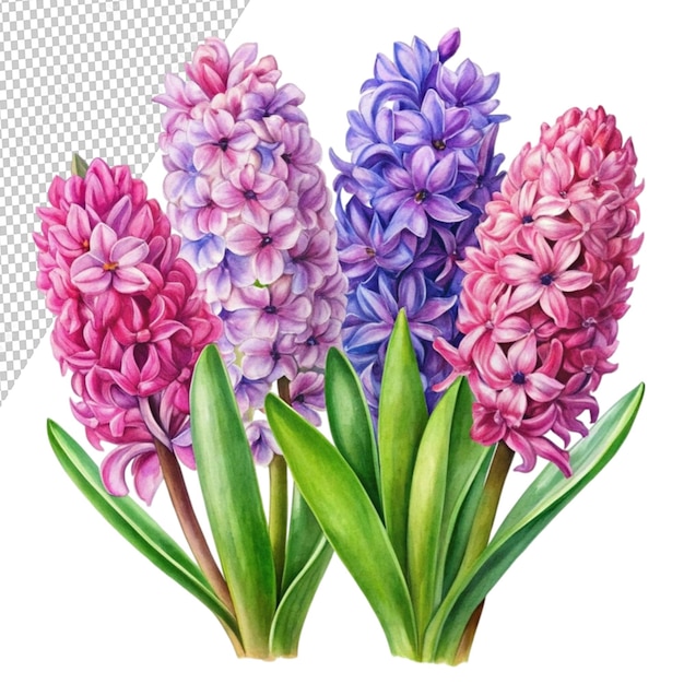 watercolor drawing of hyacinth flowers set of pink isolated on transparent background