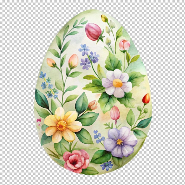 PSD watercolor egg painting with flowers and leaves on transperent background