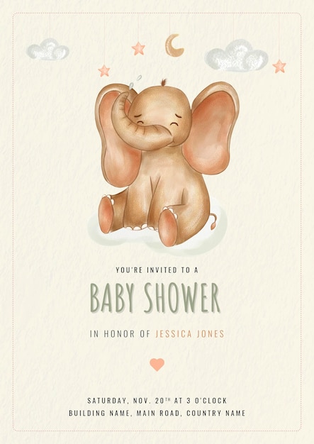 Watercolor elephants for nursery Cute poster example for baby shower The template with little baby