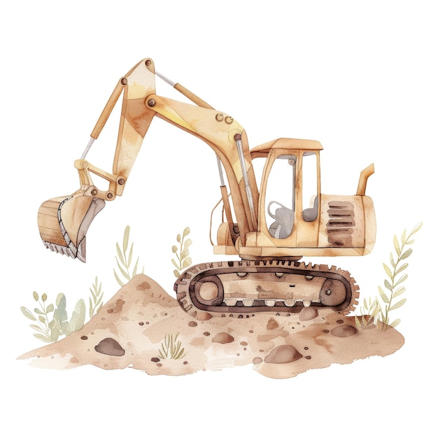 PSD watercolor excavator illustration for construction and heavy machinery themes