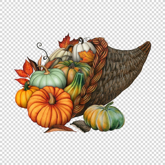 Watercolor fall cornucopia full of pumpkins