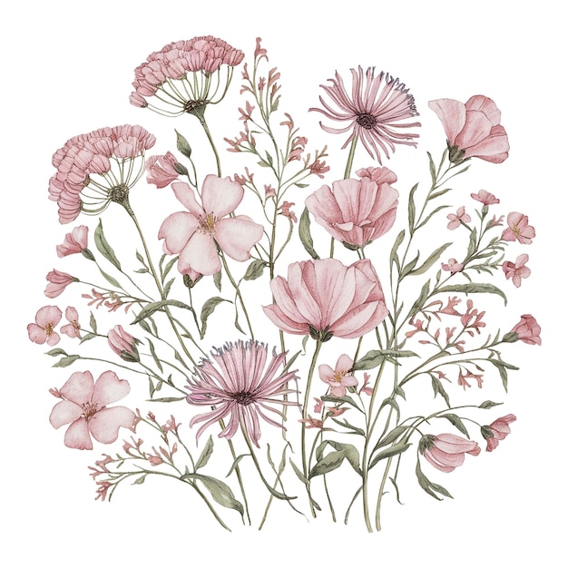 PSD watercolor floral bouquet pink wildflowers meadow blossoms