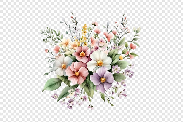 Watercolor floral bouquet with pastel flowers isolated on a transparent background