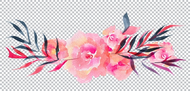 Watercolor floral garland of rose flowers and willow branches