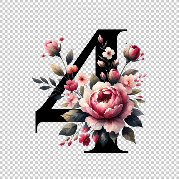 PSD watercolor floral number 4 isolated on transparent background