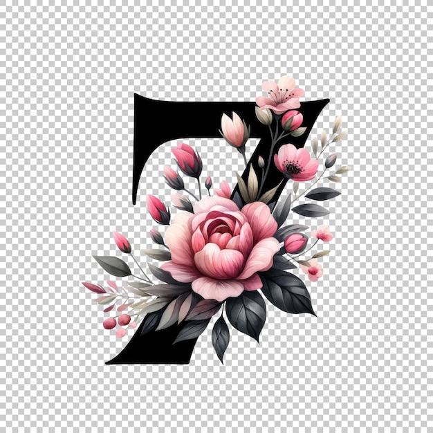 PSD watercolor floral number 7 isolated on transparent background