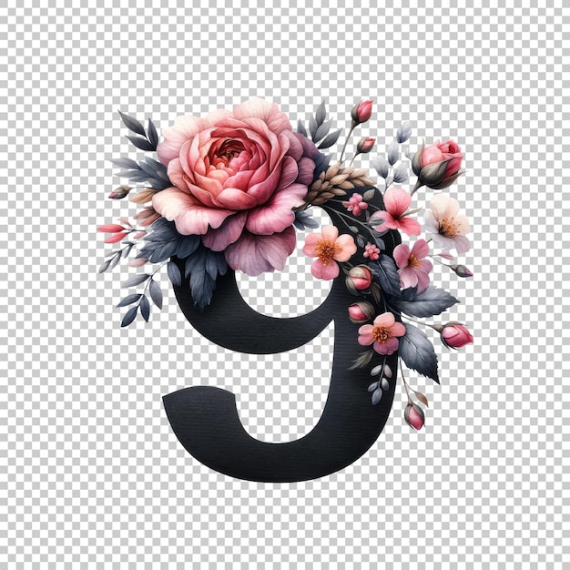 PSD watercolor floral number 9 isolated on transparent background