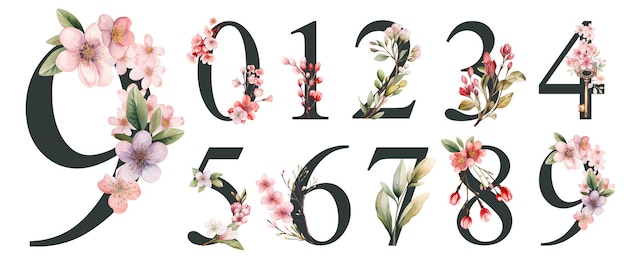 PSD watercolor floral numbers set with wild flowers from 0 to 9