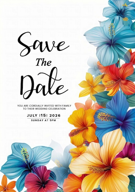 PSD watercolor floral wedding invitation card template with vibrant arrangement of colorful flowers