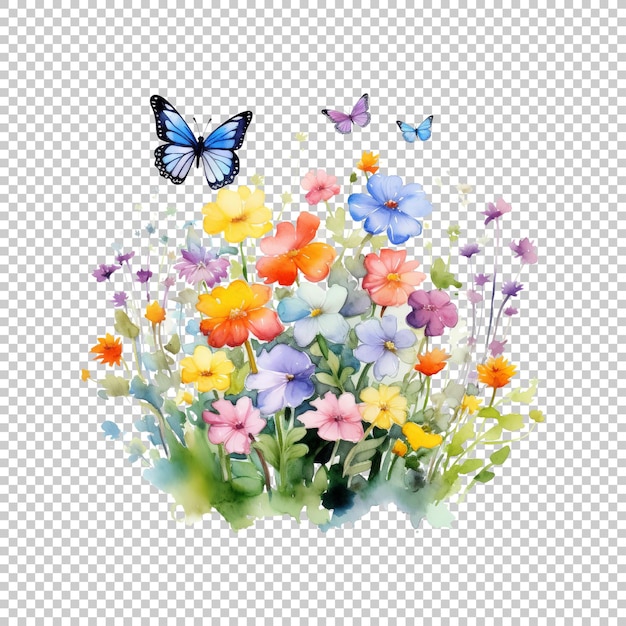 PSD watercolor flower garden with butterflies isolated on transparent background