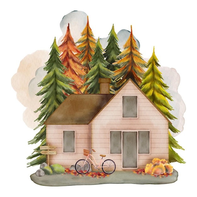 Watercolor Forest Cabin