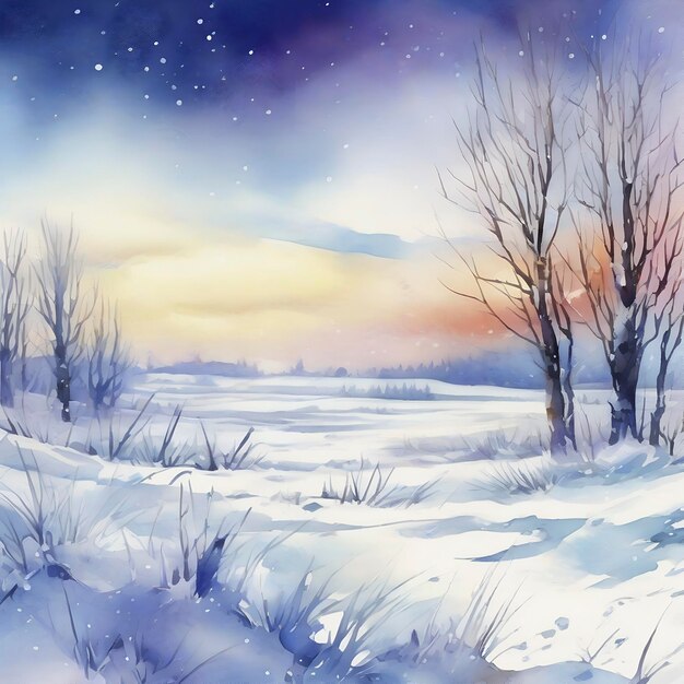 Watercolor Frozen Snowcovered Siberian field