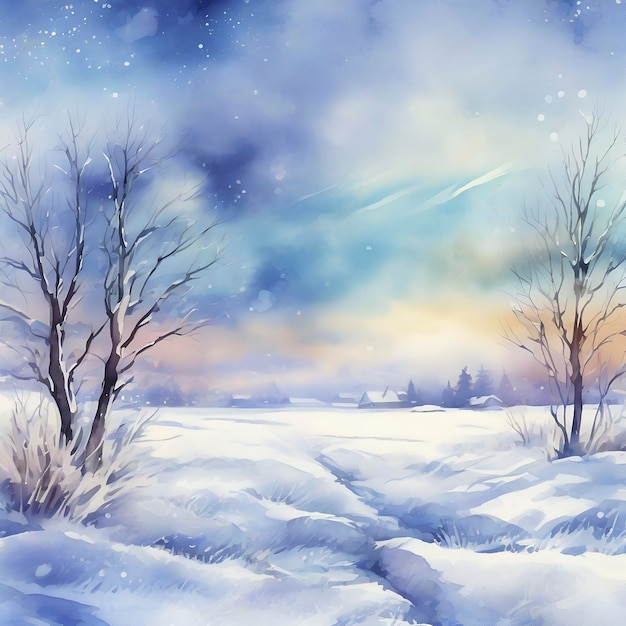 Watercolor Frozen Snowcovered Siberian field