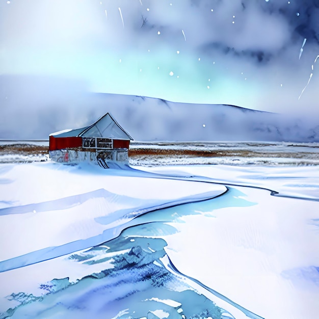 Watercolor Frozen Snowcovered Siberian field