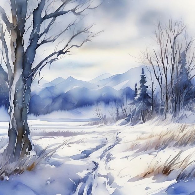 Watercolor Frozen Snowcovered Siberian field