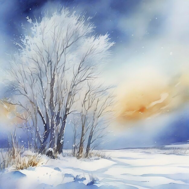 Watercolor Frozen Snowcovered Siberian field