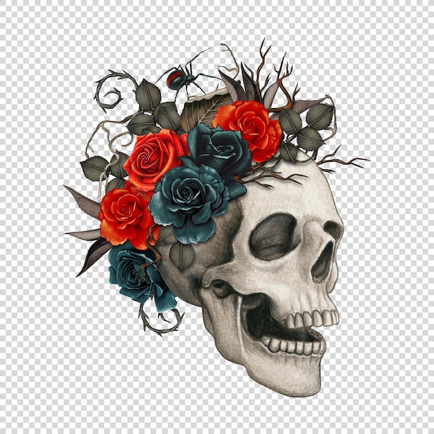 PSD watercolor halloween decorated skull with roses and dried leaves