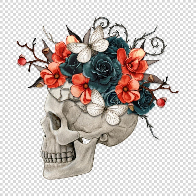 PSD watercolor halloween decorated skull with roses and dried leaves