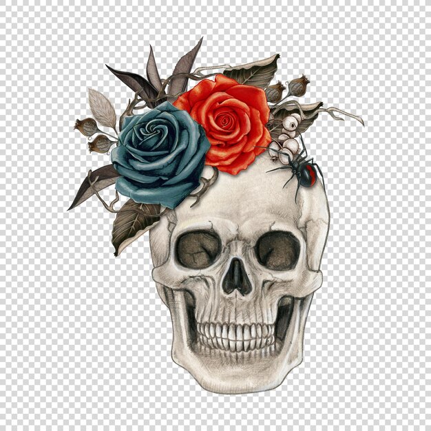 PSD watercolor halloween decorated skull with roses and dried leaves