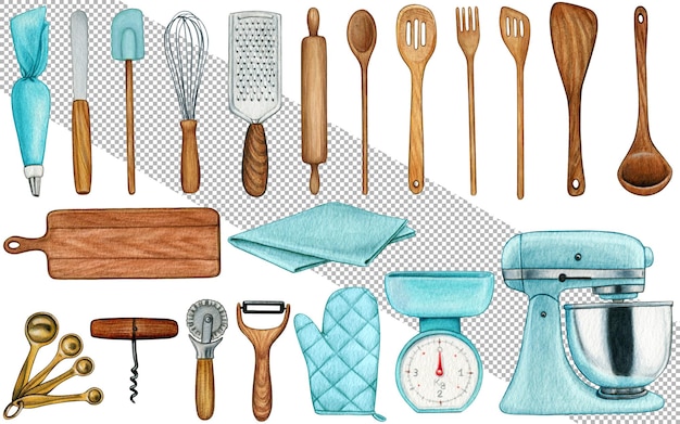 PSD watercolor hand drawn cooking tools collection