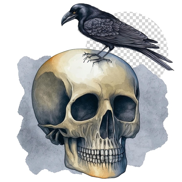 PSD watercolor hand drawn raven on skull