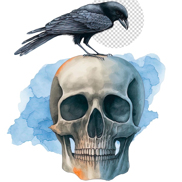 Watercolor hand drawn raven on skull