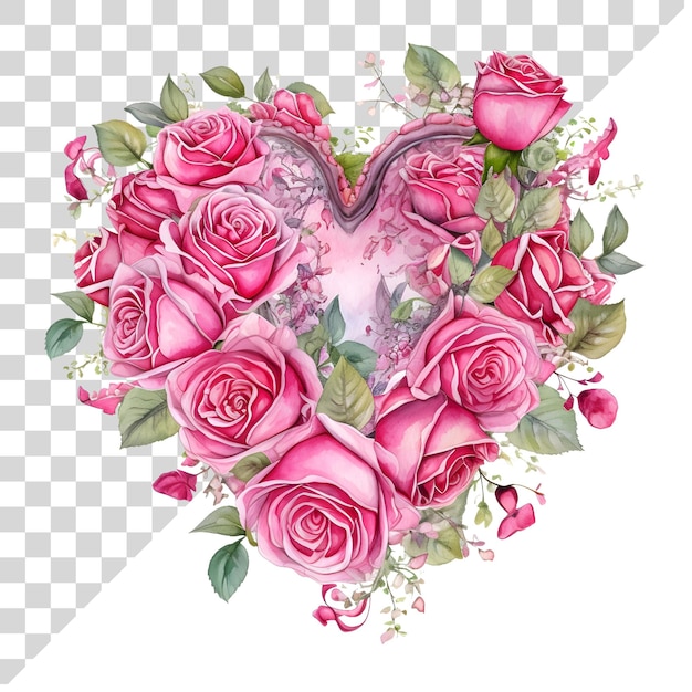 PSD watercolor heart shape bouquet on a transparent background