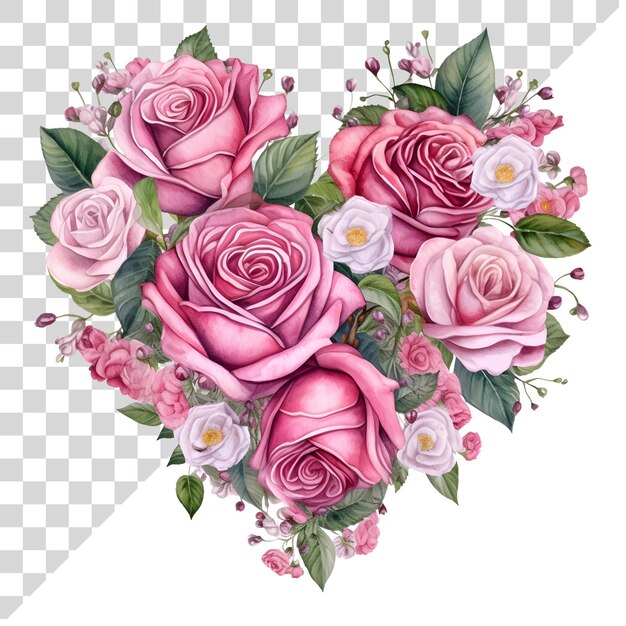 PSD watercolor heart shape bouquet on a transparent background