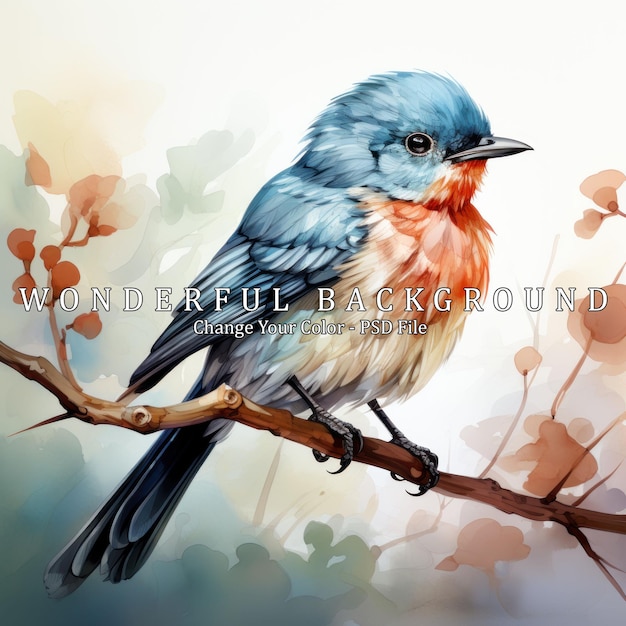 PSD watercolor illustration of a bluebird perched on a branch