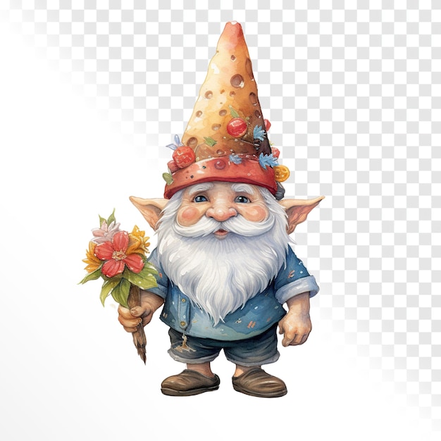 PSD watercolor illustration cute gnome hat head isolated on transparent background