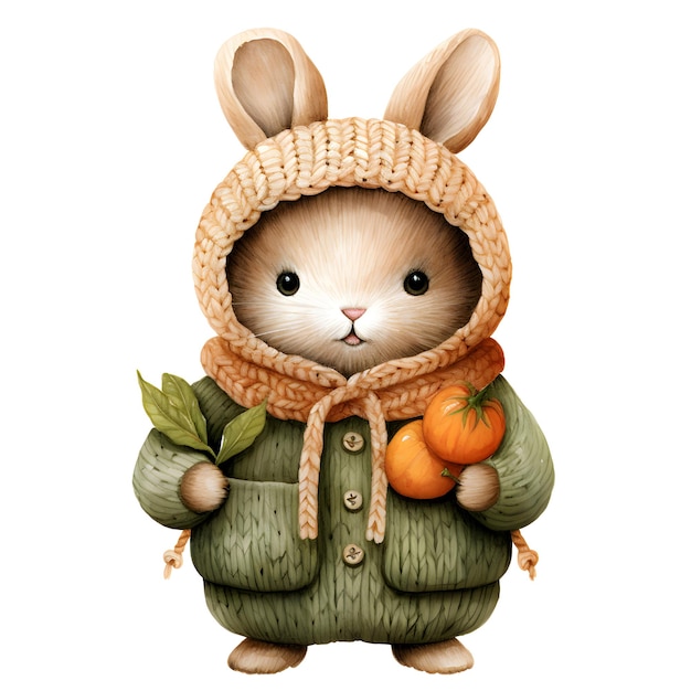 Watercolor illustration of a cute little rabbit in a warm jacket with autumn leaves