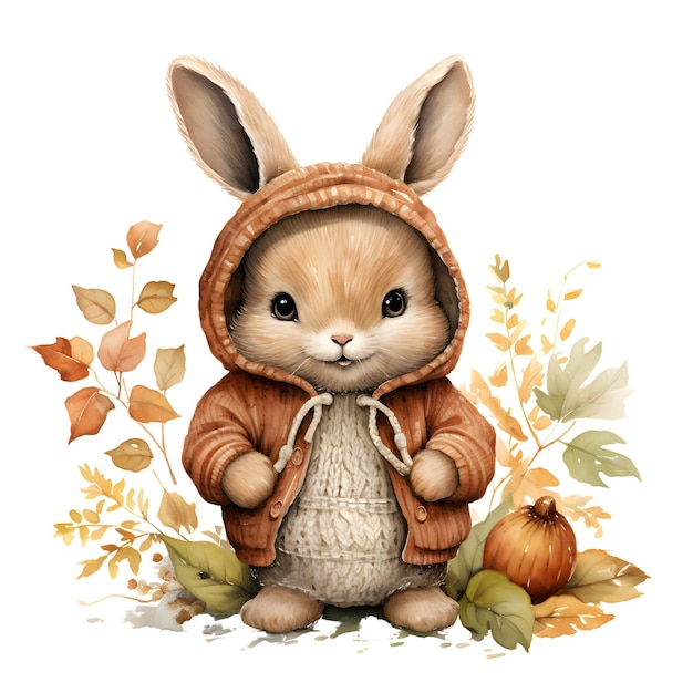 Watercolor illustration of a cute little rabbit in a warm jacket with autumn leaves