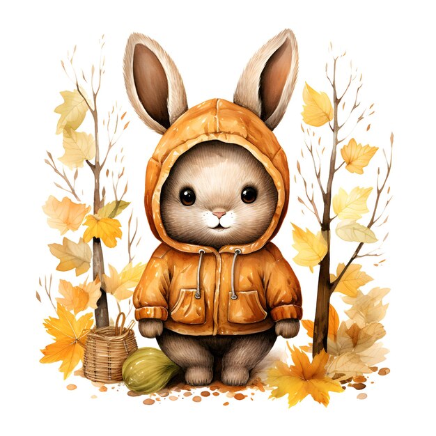 Watercolor illustration of a cute little rabbit in a warm jacket with autumn leaves