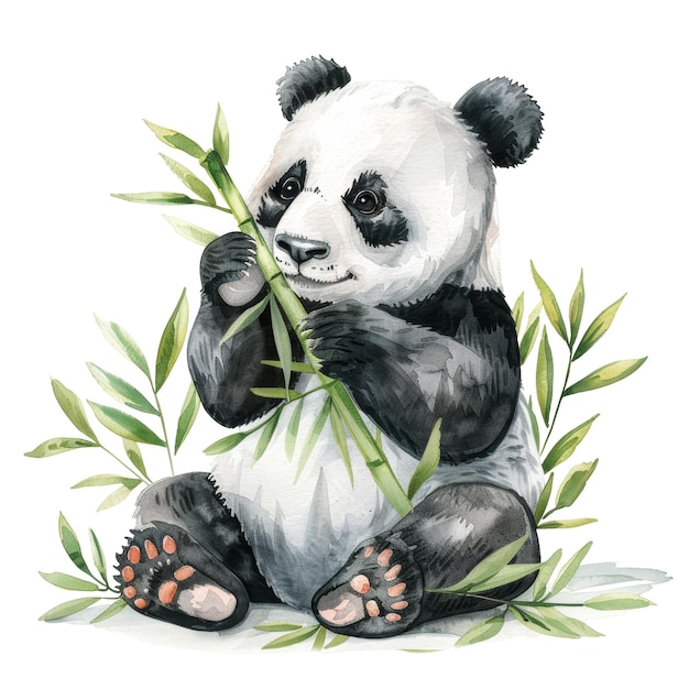 Watercolor Illustration of Cute Panda Eating Bamboo Among Green Leaves for