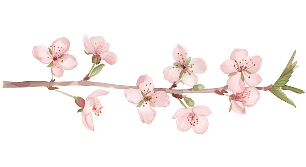 PSD watercolor illustration of a delicate cherry blossom branch with soft pink flowers