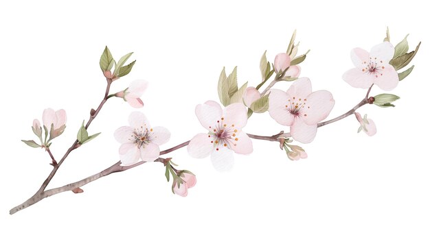 PSD watercolor illustration of a delicate cherry blossom branch with soft pink flowers