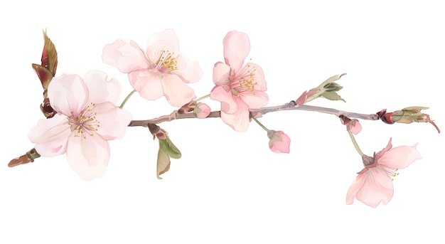 PSD watercolor illustration of a delicate cherry blossom branch with soft pink flowers