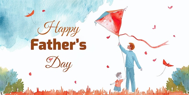 watercolor illustration of father and son flying kite