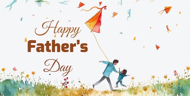 watercolor illustration of father and son flying kite