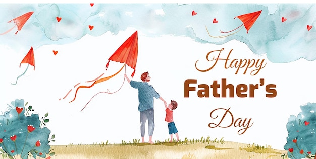 watercolor illustration of father and son flying kite