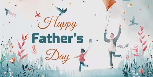 watercolor illustration of father and son flying kite