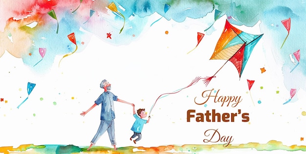 watercolor illustration of father and son flying kite