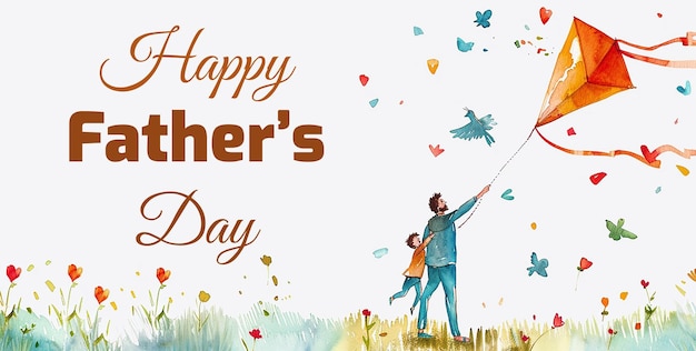 watercolor illustration of father and son flying kite