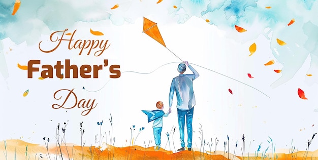 watercolor illustration of father and son flying kite