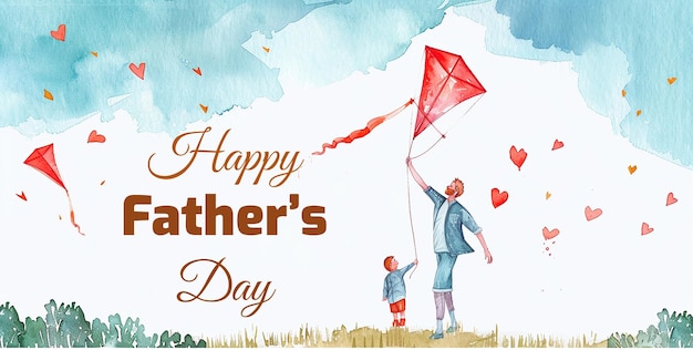 watercolor illustration of father and son flying kite