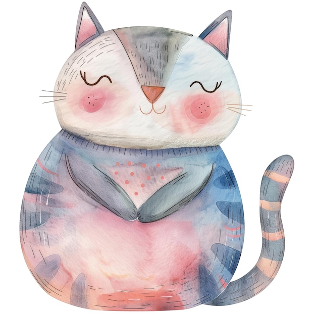 Watercolor Illustration of a Happy Cat with Pastel Colors and Artistic Details