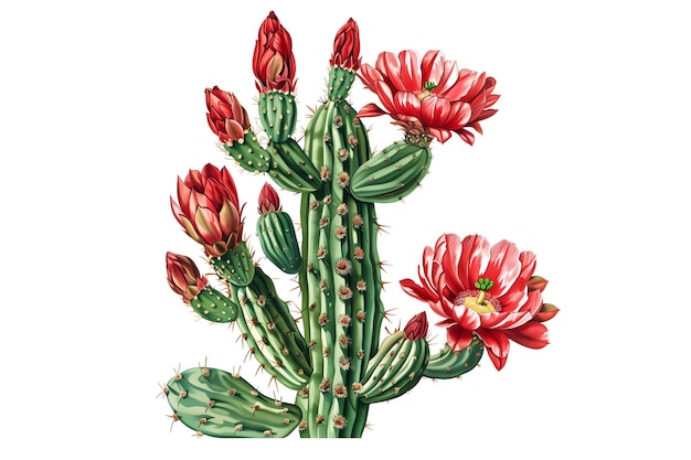 PSD watercolor illustration of a large cactus with red flowers on it