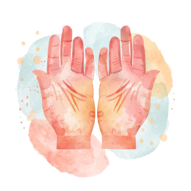 PSD watercolor illustration of open hands in prayer with abstract background