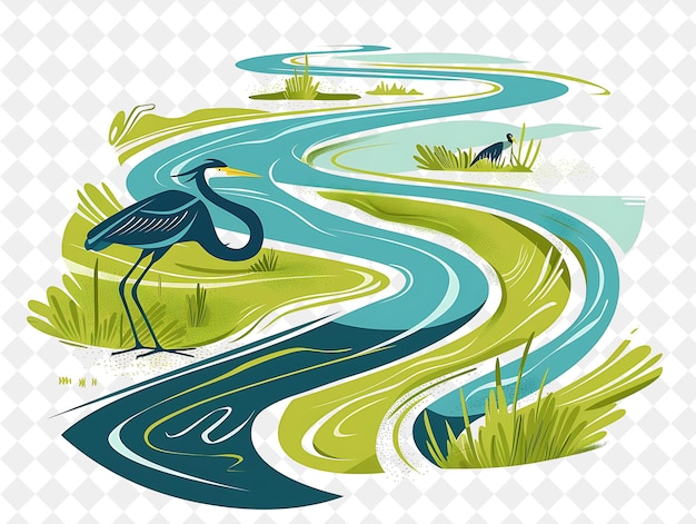 PSD a watercolor illustration of a river with a bird on it