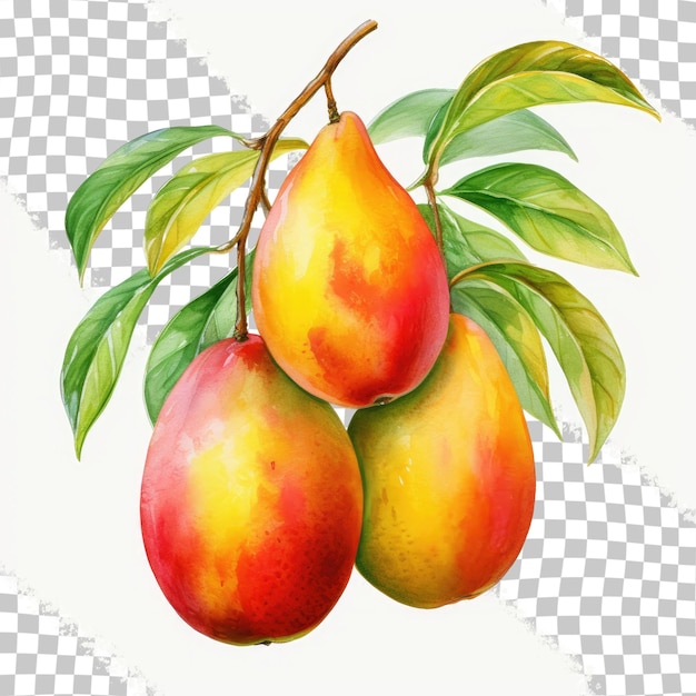 Watercolor illustration of three mangoes on a transparent background